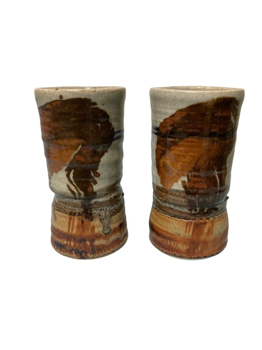 Handcrafted Pottery Tumblers With Abstract Brown & Blue Glaze - Set Of 2